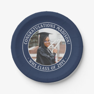 Elegant Photo Navy Blue and White Graduation Party Paper Plate