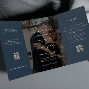 Elegant photo navy blue wedding RSVP details QR Tri-Fold Invitation