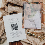 Elegant Photo Overlay and RSVP QR Code Wedding Invitation<br><div class="desc">These elegant and minimalist wedding invitations feature your own photo as the background, with a sheer white overlay (for a faux vellum effect) on top. Modern script typography and classic black text add a stylish touch. The back of the invitation features a scannable QR code, so guests can RSVP online...</div>