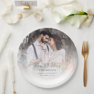 Elegant Photo Overlay Mr Mrs Names Date Wedding  Paper Plate