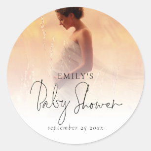 Elegant Photo Overlay Script Baby Shower  Classic Round Sticker