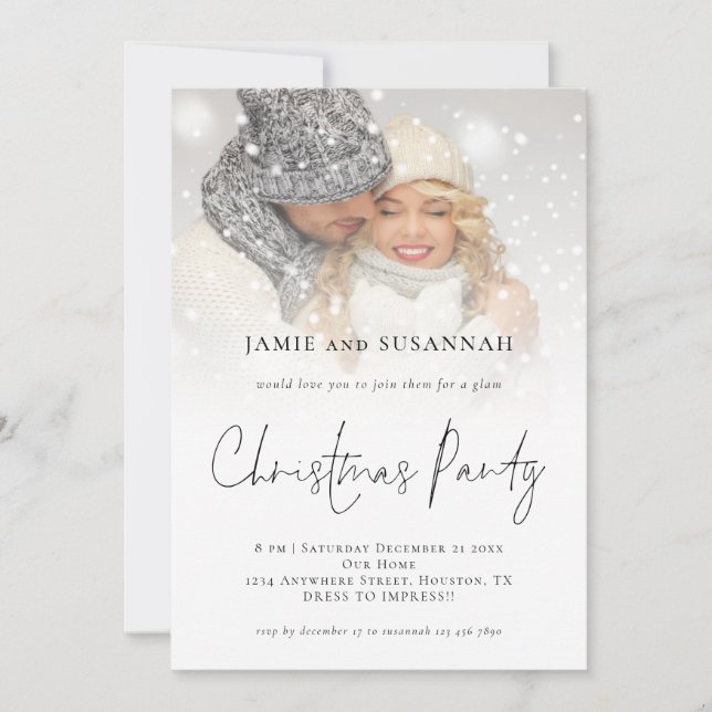 Elegant Photo Overlay Script Christmas Party Invitation (Front)
