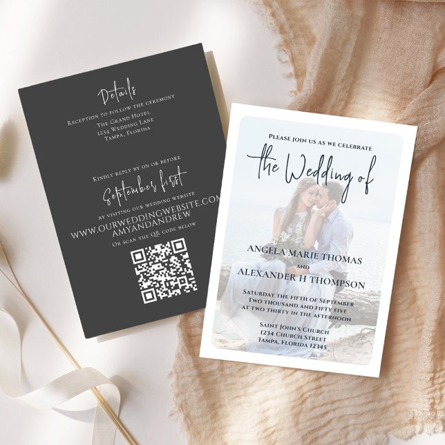Elegant Photo Overlay Simple Grey QR Code Minimal Invitation (Elegant Wedding invitation with a minimalist photo vellum photo overlay effect.)