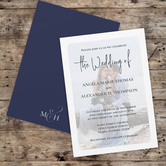 Elegant Photo Overlay Simple Minimalist Navy Blue Invitation (Simple navy blue wedding photo invitations)