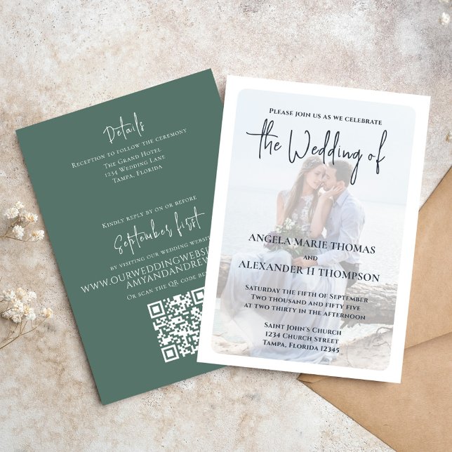 Elegant Photo Overlay Simple QR Code Green Invitation (Elegant Wedding invitation with a minimalist photo vellum photo overlay effect.)