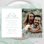 Elegant Photo Pale Green Monogram Wedding Save The Date<br><div class="desc">Announce your wedding date with this striking wedding save the date card featuring two sections on the front, to the left exquisite hand drawn botanical monogram elegantly framing couples initials in pale green hues with your names and wedding date and location details and to the right with section for your...</div>