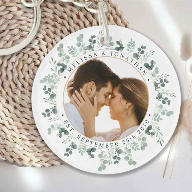 Elegant Photo Personalized Eucalyptus Wedding Keychain (Creator Uploaded)