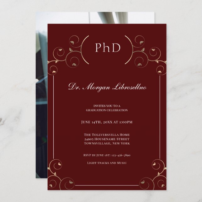 Elegant Photo PhD Gold Burgundy Graduation Invitation (Front/Back)