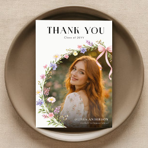 Elegant Photo Pink Bow Floral Graduation Thank You Postcard