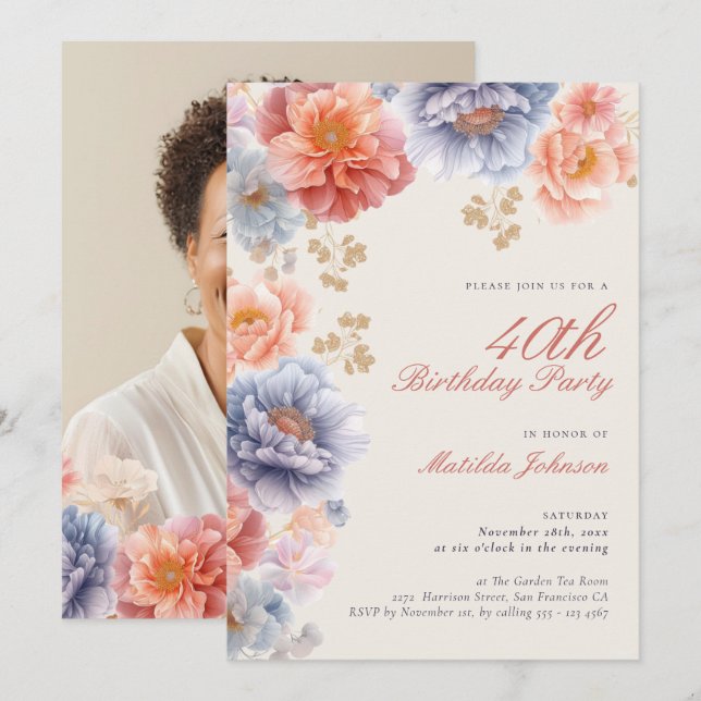 Elegant Photo Pink Floral 40th Birthday Invitation (Front/Back)
