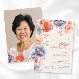 Elegant Photo Pink Floral 60th Birthday Invitation
