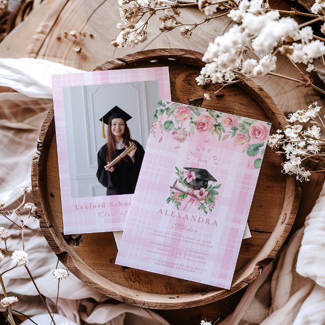 Elegant  Photo Pink Floral Graduation Invitation (Creator Uploaded)