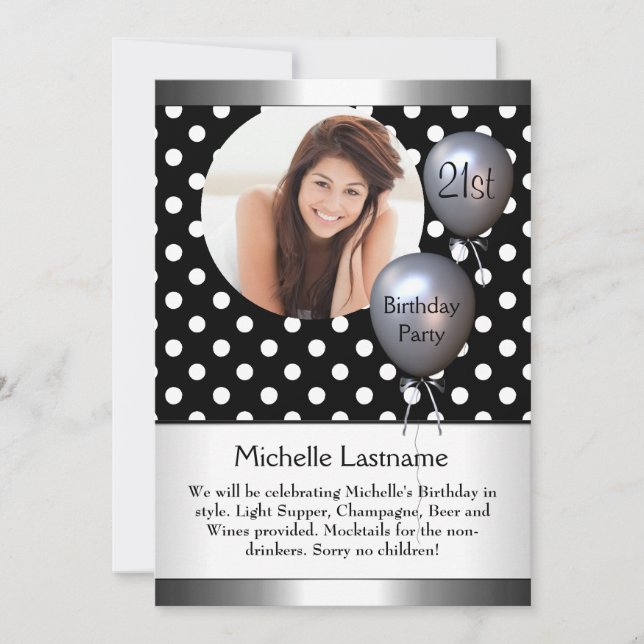 Elegant Photo Polka Dot Silver Balloon 21st Invitation (Front)