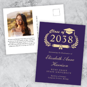 Elegant Photo Purple Gold Graduation Announcement Postcard