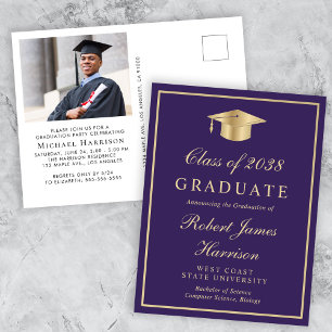 Elegant Photo Purple Gold Graduation Party Invitation Postcard