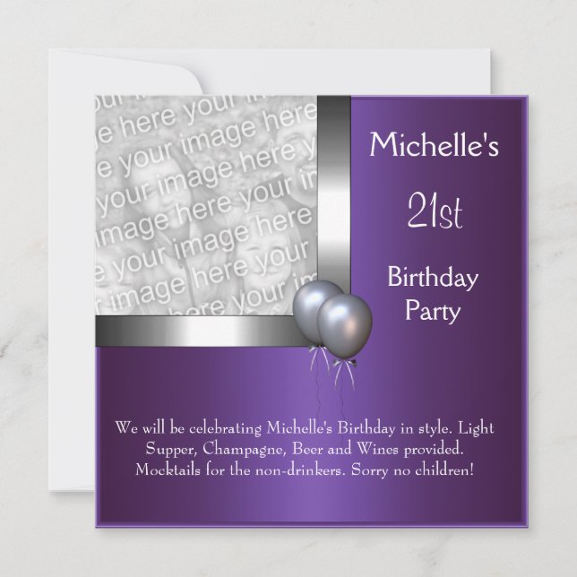 Elegant Photo Purple Silver Balloon 21st Birthday Invitation (Front)