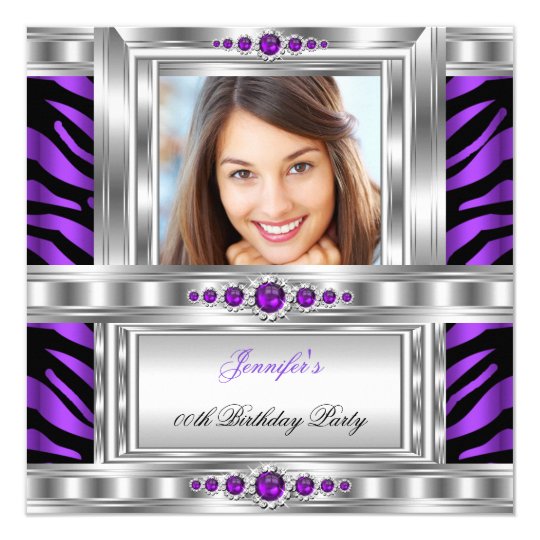 Elegant Photo Purple Zebra Silver Birthday Party Card