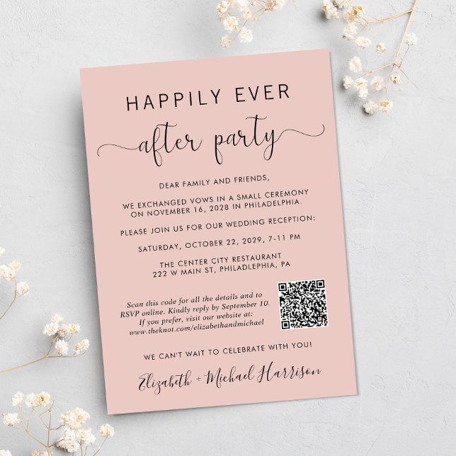 Elegant Photo QR Code Blush Pink Wedding Reception Invitation (Input your wedding website address to create a scannable QR code)