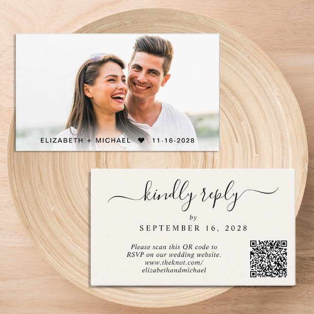 Elegant Photo QR Code Cream Wedding RSVP Enclosure Card (Our user-friendly template will generate your QR code automatically from your website address)