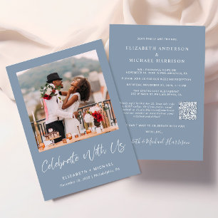 Elegant Photo QR Code Dusty Blue Wedding Reception Invitation