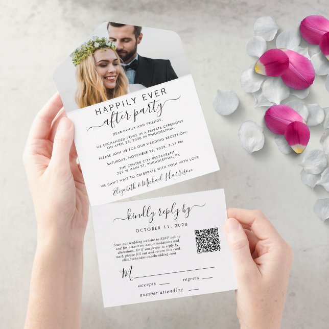 Elegant Photo QR Code Wedding Reception All In One Invitation (An chic Happily Ever After Party all-in-one invitation for your wedding celebration)