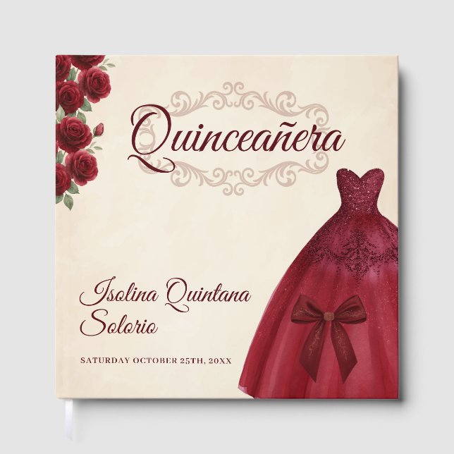 Elegant Photo Quinceanera 15th birthday Burgundy  Guest Book (Front)