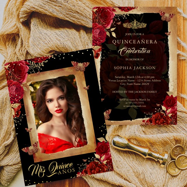 Elegant Photo Quinceanera Red Rose Gold Birthday  (Creator Uploaded)