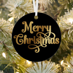 Elegant Photo Retro Black and Gold Merry Christmas Metal Ornament