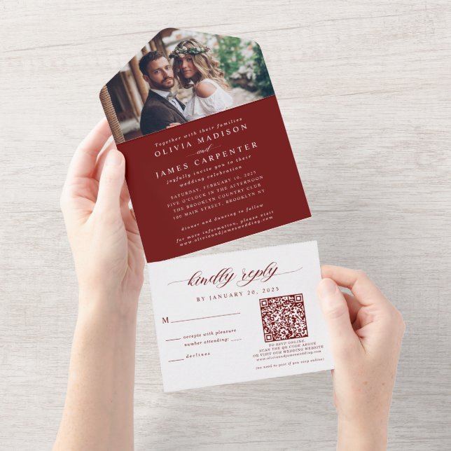 Elegant Photo RSVP QR Code Burgundy Red Wedding All In One Invitation (Tearaway)