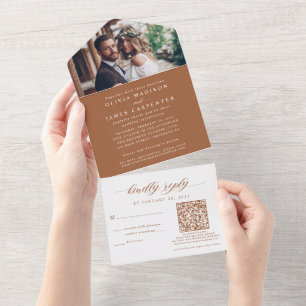 Elegant Photo RSVP QR Code Burnt Orange Wedding All In One Invitation