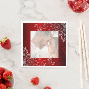  Elegant Photo  Ruby Red Grey Swirls Wedding Napkin