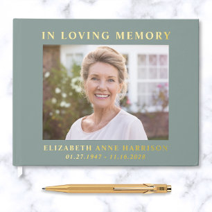 Elegant Photo Sage Green Gold Memorial Funeral Guest Book