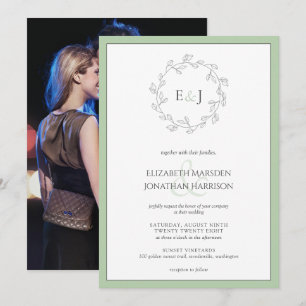 Elegant Photo Sage Green Monogram Wreath Invitation