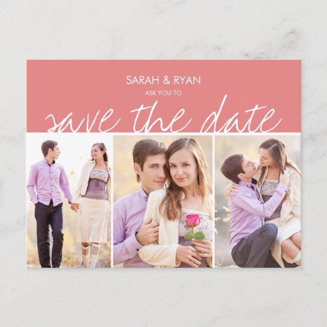 Elegant Photo Save the Date Pink Stripe Postcard (Front)
