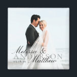 Elegant Photo Script Date Names Wedding Favor Magnet<br><div class="desc">Simple elegant photo magnet wedding favor or thank you gift. Customize the black script font typography overlay with your names and date.</div>