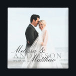 Elegant Photo Script Date Names Wedding Favour Magnet<br><div class="desc">Simple elegant photo magnet wedding favour or thank you gift. Customize the black script font typography overlay with your names and date.</div>