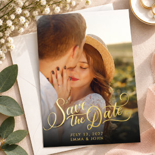 Elegant Photo Script Wedding Save the Dates Gold
