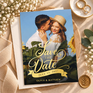 Elegant Photo Script Wedding Save the Dates Gold