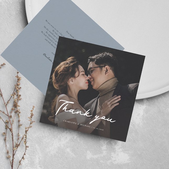 Elegant Photo Script Wedding Thank You Card (Wedding Thank You Photo Script Mini Square Card)