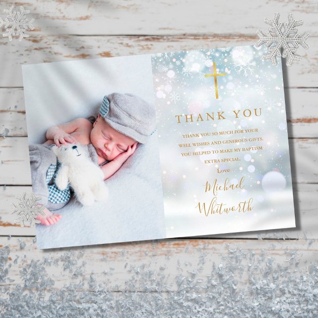 Elegant Photo Signature Script Winter Baptism Thank You Card (Creator Uploaded)