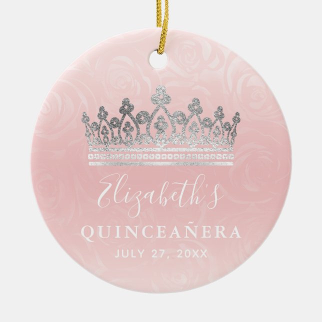 Elegant Photo Silver and Blush Pink Quinceanera Ceramic Ornament (Front)