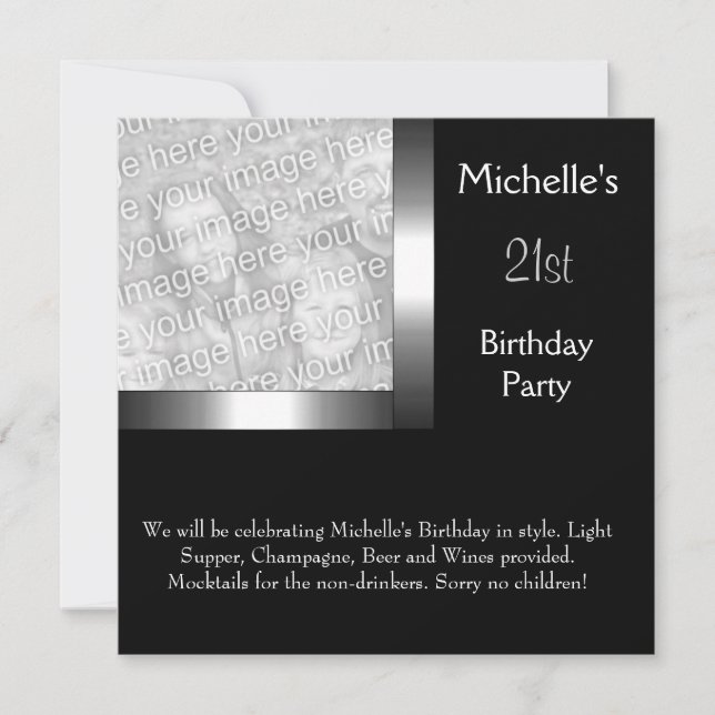 Elegant Photo Silver Black 21st Birthday Invitation (Front)