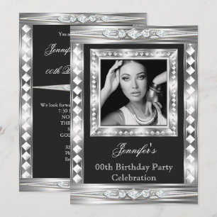 Elegant Photo Silver Glam Diamond Black Birthday 2 Invitation