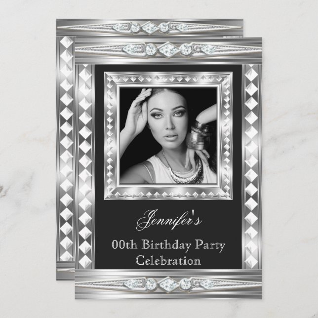 Elegant Photo Silver Glam Diamond Black Birthday 2 Invitation (Front/Back)