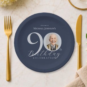 Elegant Photo Silver Navy Blue 90th Birthday Party Paper Plate