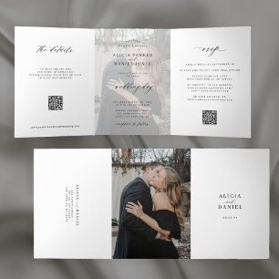 Elegant photo simple wedding RSVP details QR code Tri-Fold Invitation