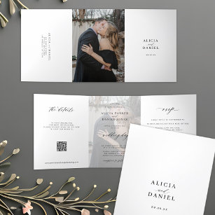 Elegant photo simple wedding RSVP details QR code  Tri-Fold Invitation