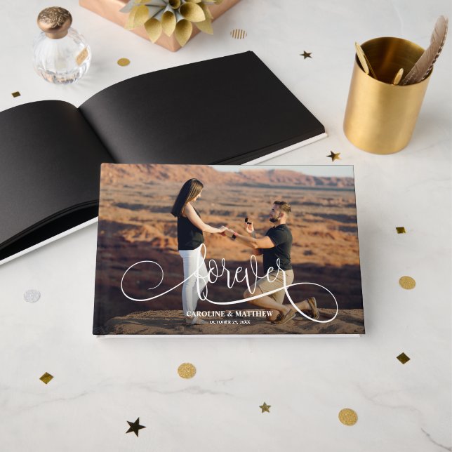 Elegant Photo Wedding Black Pages Guest Book (Front Open)