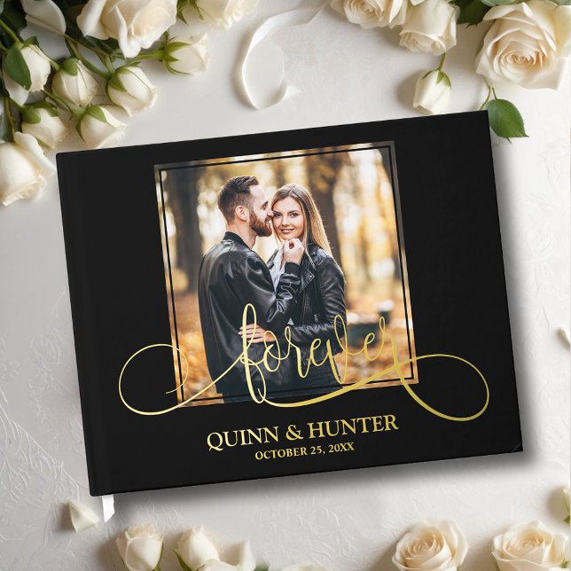Elegant Photo Wedding  Guest Book (Wedding guest book, your photo with "forever" and details in real gold, silver or rose gold foil)