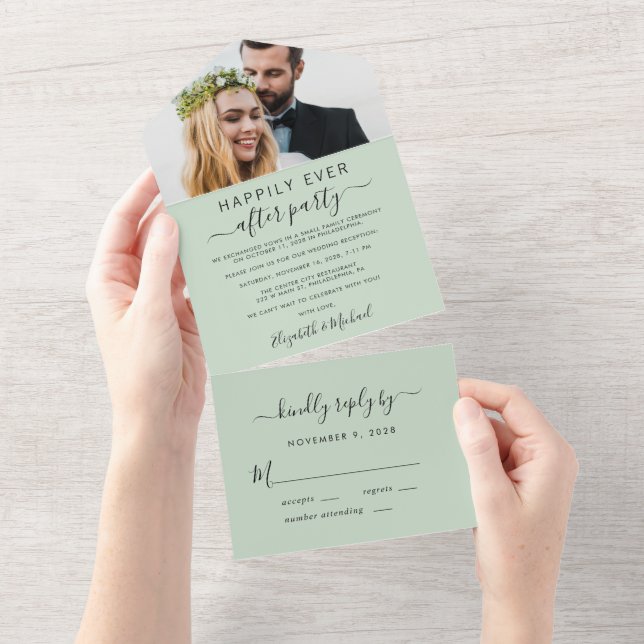 Elegant Photo Wedding Reception Sage All In One Invitation (Tearaway)